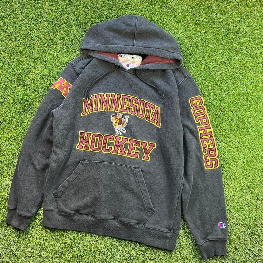 Y2K Champion Minnesota Hockey Hoodie Mens M Black Spellout
